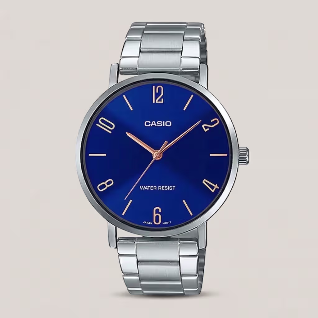 Casio MTP-VTO1D-2B2 silver stainless steel blue numeric dial mens hand watch