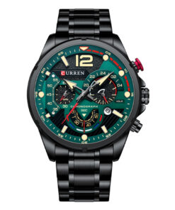 curren 8395 black stainless steel black green chronograph dial mens sports wrist watch