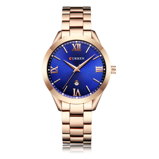 curren 9007 rose gold stainless chain stylish blue roman analog dial ladies wrist watch