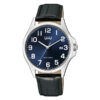 Q&Q A480J305Y black leather strap blue dial mens analog wrist watch
