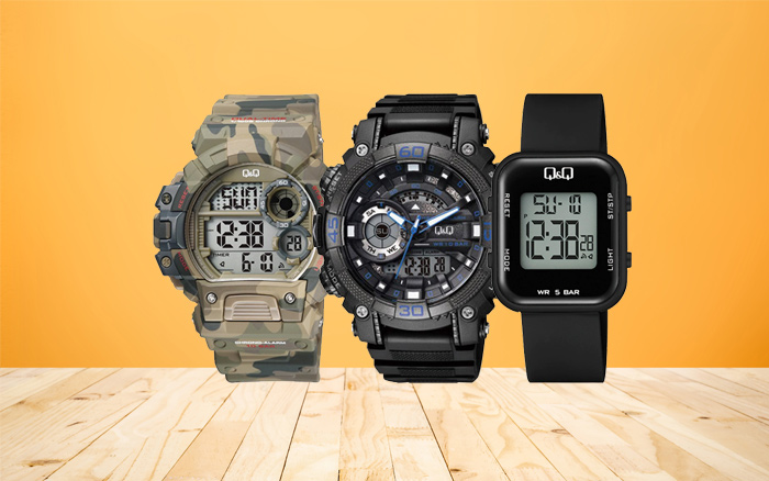 Q&Q digital watches category box displaying 3 top q&q sports digital wrist watches