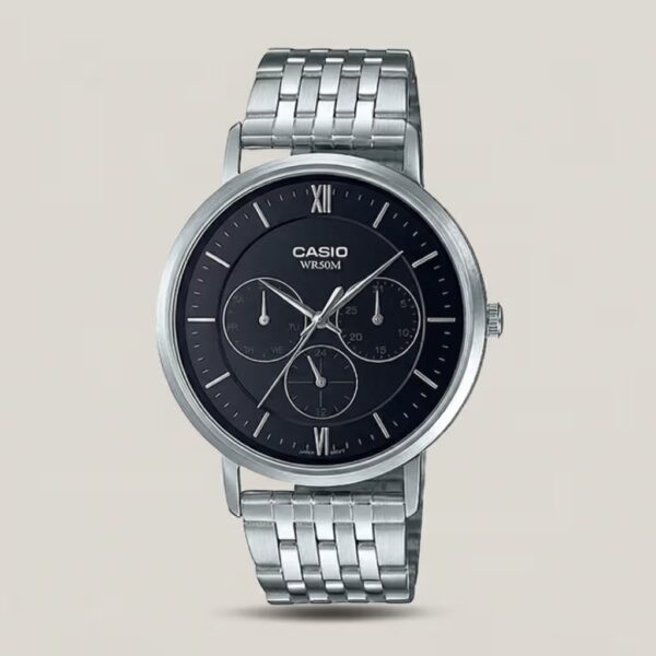 Casio MTP-B300D-1A stainless steel men’s watch with black dial, day, date, and 24-hour subdials – elegant multifunction design.