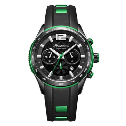 rhythm ES1401R03 green black resin band black chronograph men's sports wrist watch