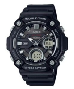 casio-aeq-120w-1av black resin band world time series analog and digital mens wrist watch by watch centre