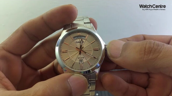 Casio MTP-1381D-9AV Enticer Series silver stainless steel ros gold dial Men’s Wrist Watch