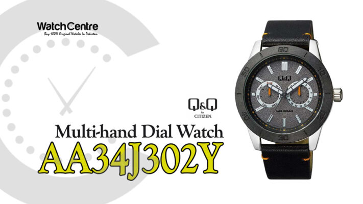 Q&Q AA34J302Y black leather strap grey multi hand dial men's wrist watch video review cover