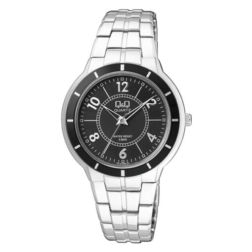 Q&Q F515-205Y black numeric dial silver stainless steel ladies analog dress watch