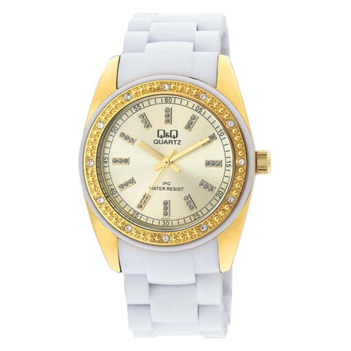 Q&Q GQ13J010Y white stainless steel stylish golden dial ladies analog gift watch