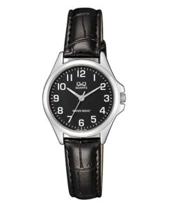 Q&Q QA07J305Y black leather strap black numeric dial ladies wrist watch