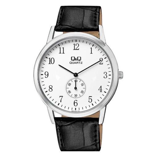 Q&Q QA60J304Y black leather strap white dial men's analog wrist watch