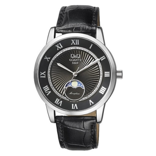 Q&Q QZ10J308Y black leather strap black roman dial men's dress wrist watch