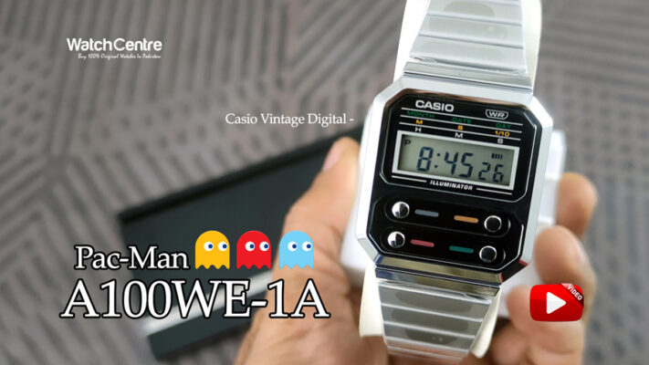 Casio A100WE-1AV silver stainless steel vintage digital dial pac man wrist watch video review cover