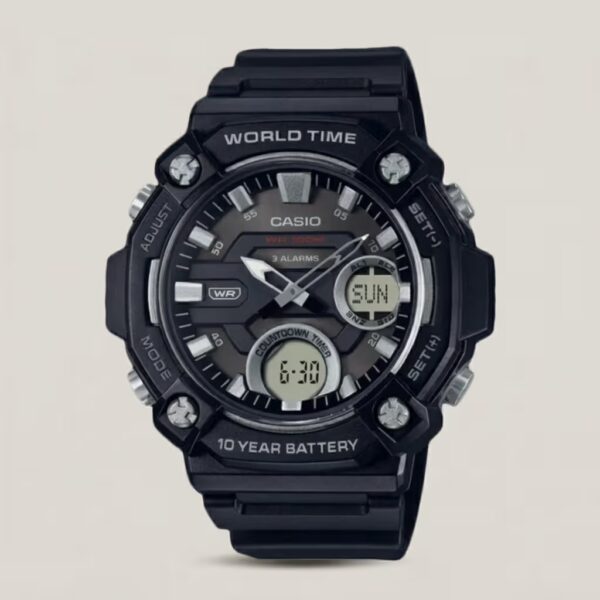 casio-aeq-120w-1av black resin band world time series analog and digital mens wrist watch by watch centre