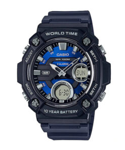 casio-aeq-120w-2av-black-blue-resin band 10 years batery life world time series mens sports wrist watch with resin glass and resin band