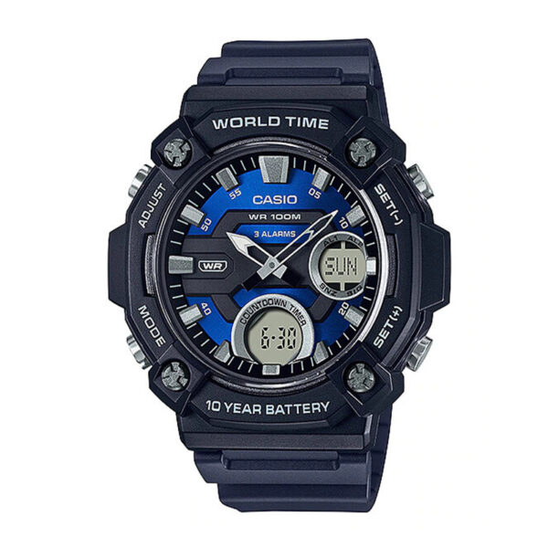 casio-aeq-120w-2av-black-blue-resin band 10 years batery life world time series mens sports wrist watch with resin glass and resin band