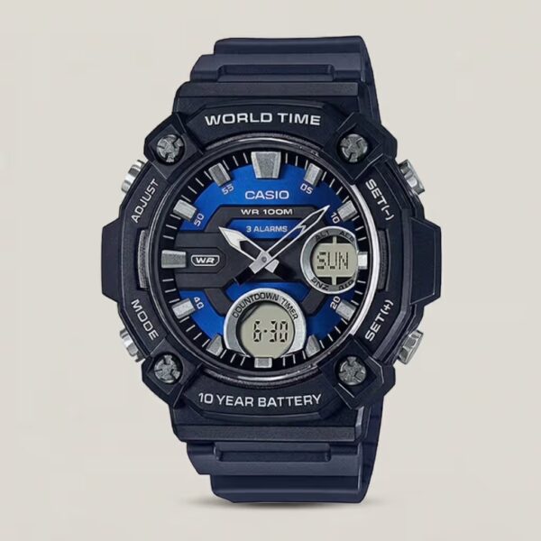casio-aeq-120w-2av-black-blue-resin band 10 years batery life world time series mens sports wrist watch with resin glass and resin band