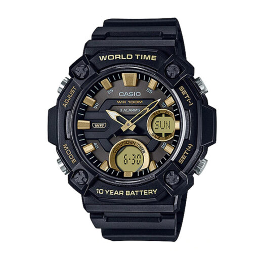 casio-aeq-120w-9av-black-golden-resin-world time series 10 years batery ife resin glass mens youth sports wrist watch
