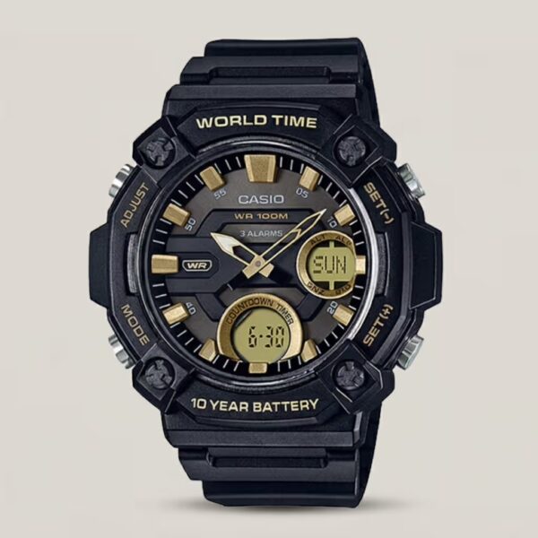 casio-aeq-120w-9av-black-golden-resin-world time series 10 years batery ife resin glass mens youth sports wrist watch