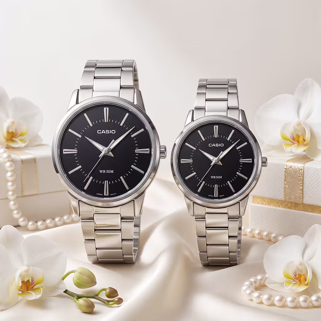 Casio simple analog black dial classic couple gift watches