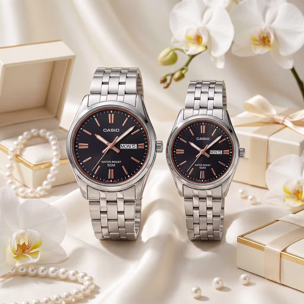Casio Black Dial Rose Gold Couple Watch – Anniversary Gift