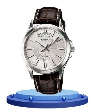 Casio MTP-1381L-7AV brown leather strao silver analog dial men's dress watch