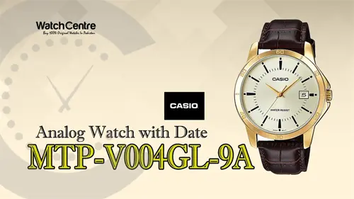 Casio MTP-V004GL-9A brown leather strap golden analog dial mens wrist watch video review cover