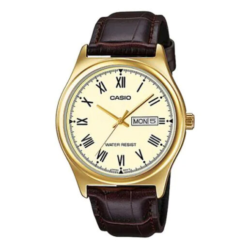 Casio MTP-V006GL-7B golden dial brown leather band men's wrist watch