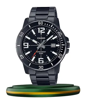 Casio MTP-VD01B-1BV men's full black analog wrist watch in stainless steel chain