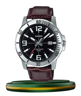 Casio MTP-VD01L-1B brown leather strap black analog dial men's wrist watch