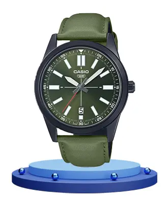 Casio MTP-VD02BL-3E green leather strap round analog dial men's wrist watch