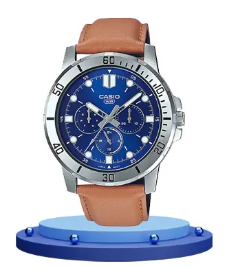 Casio MTP-VD300L-2EU camel brown leather strap blue multi-hand dial men's dress watch