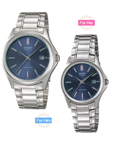 MTP-&-LTP-1183A-2A blue analog dial silver stainless steel couple wrist watch