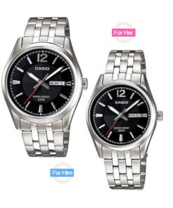 MTP-&-LTP-1335-1A black numeric dial silver stanless couple dress watch