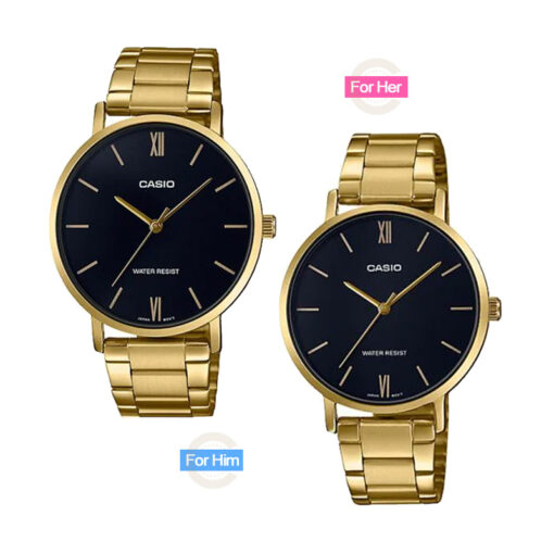 MTP-&-LTP-VT01G-1B simple black dial golden stainless steel couple gift watch