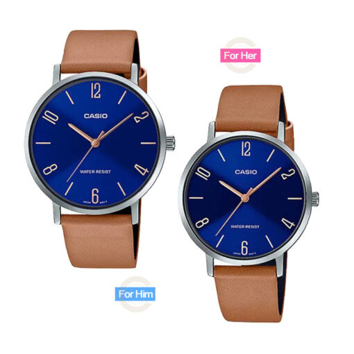 MTP-&-LTP-VT01L-2B2 blue analog numeric dial brown leather band couple wrist watch