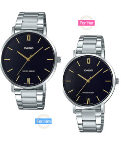 MTP-&-LTP-VT01D-1B black dial silver stainless steel couple wrist watch