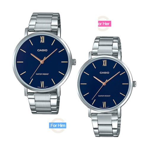 MTP-&-LTP-VT01D-2B blue analog dial silver stainless steel couple wrist watch