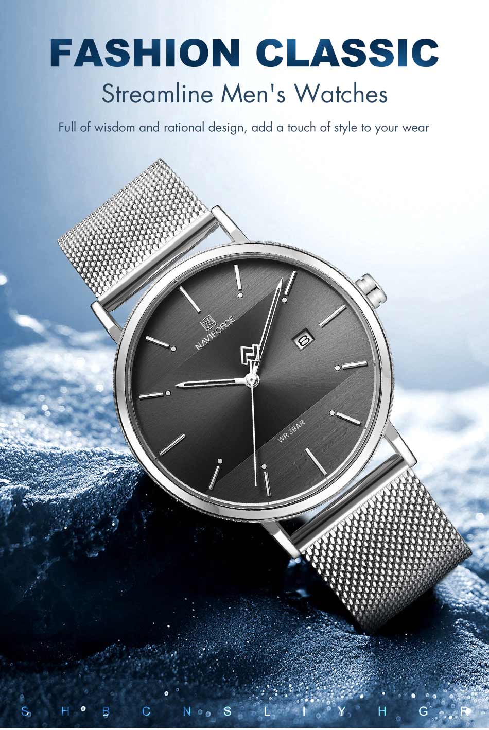 NaviForce-3008 silver mesh strap round black dial men's dress watch