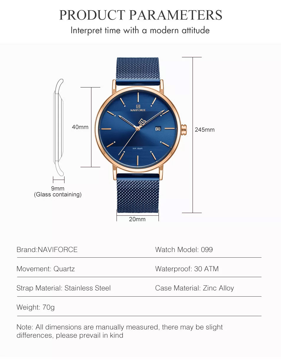 NaviForce-3008 blue simple dial men's watch specifications