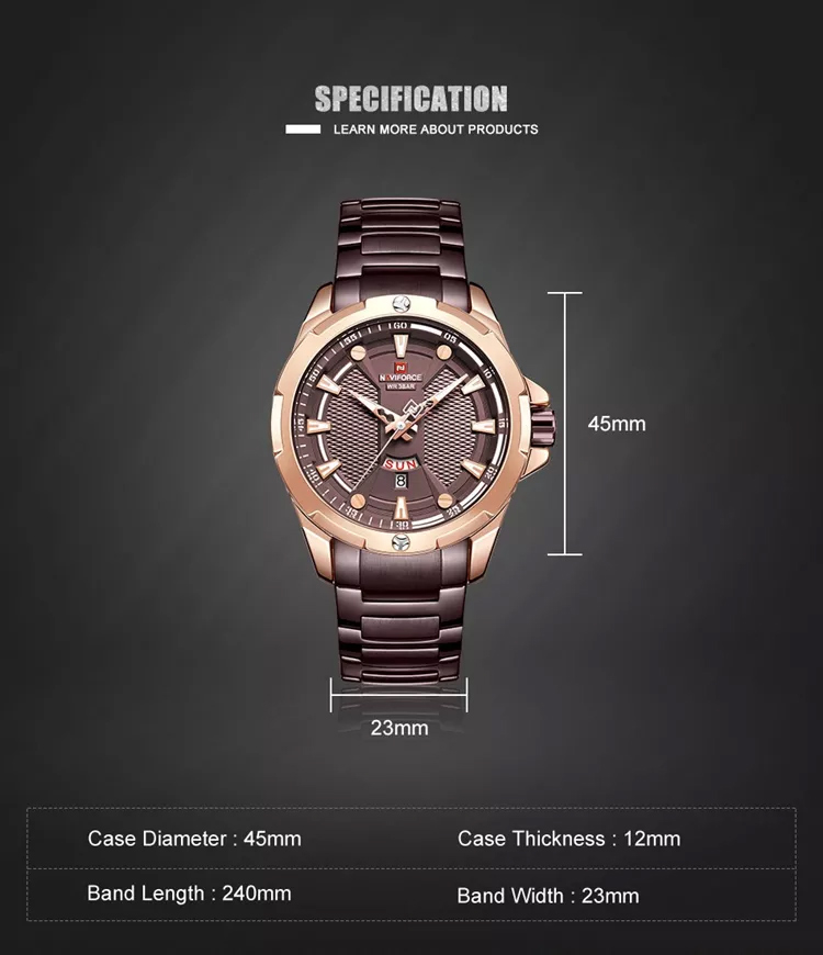 NaviForce-9161 rose gold dial case men's watch specifications