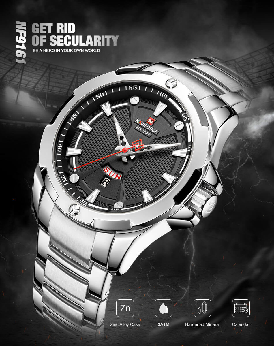 NaviForce-9161 silver chain black dial men's wrist watch