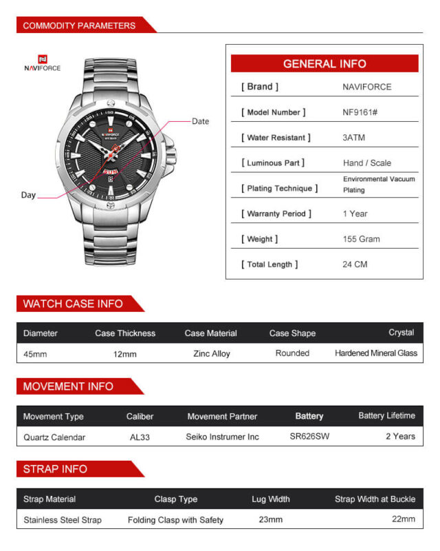 NaviForce-9161 analog watch features