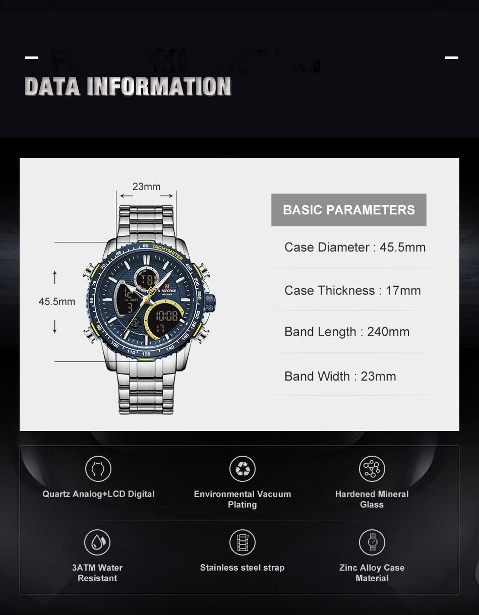 NaviForce 9182 multi dial watch specifications