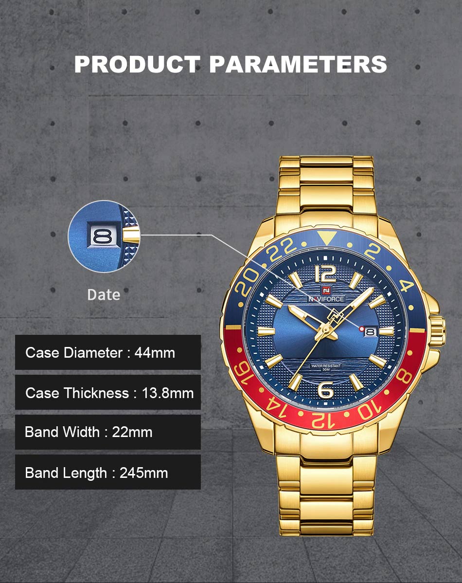NaviForce-9192 golden chain blue dial men's wrist watch specifiications