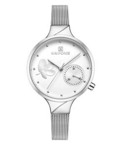 NaviForce NF5001 silver mesh chain white flower printed dial ladies quartz watch
