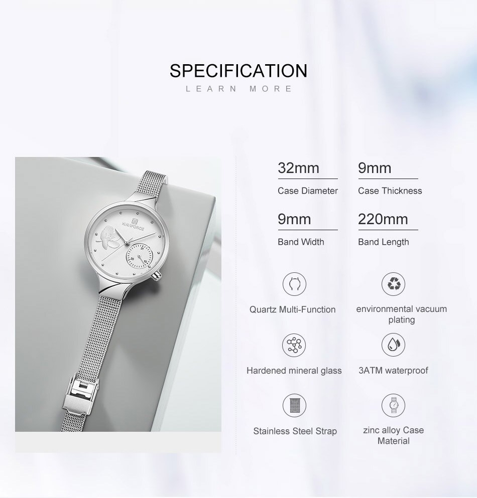 NaviForce NF5001 silver stainless steel flower printed white dial ladies watch specifications