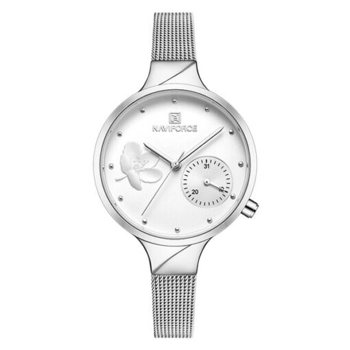 NaviForce NF5001 silver mesh chain white flower printed dial ladies quartz watch