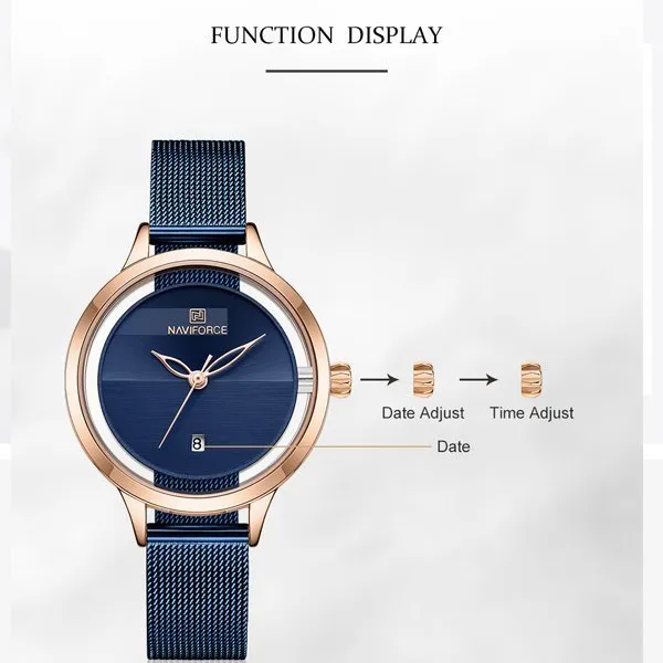 NaviForce NF5014 ladies analog wrist watch in blue mesh chain & dial function display