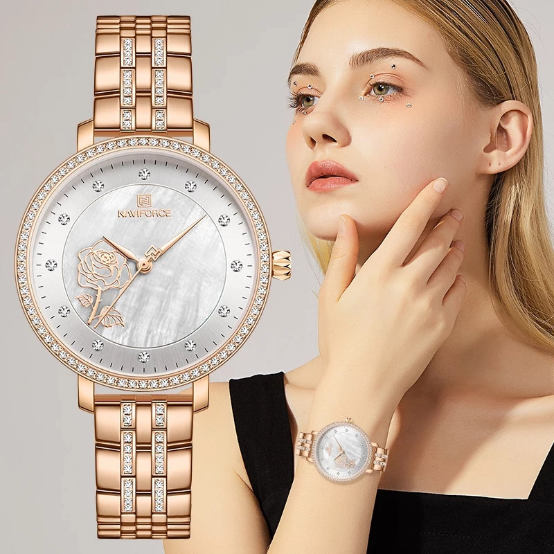 NaviForce NF5017 rose gold stainless steel stone engraved dial & case ladies fashion wrist watch photoshoot