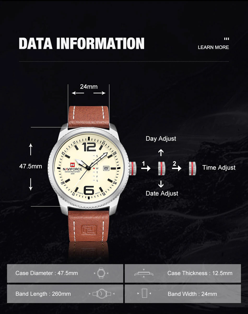 NaviForce-NF9063 date , day display feature men's dress watch specifications